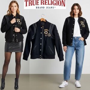 True Religion Womens Black Bomber Wool Leather Varsity Jacket Grunge Bikercore S